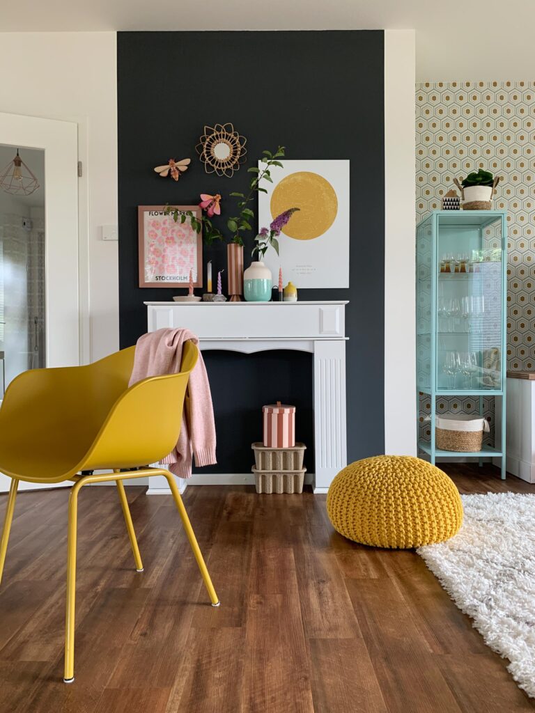 yellow chair and highlight grey wall