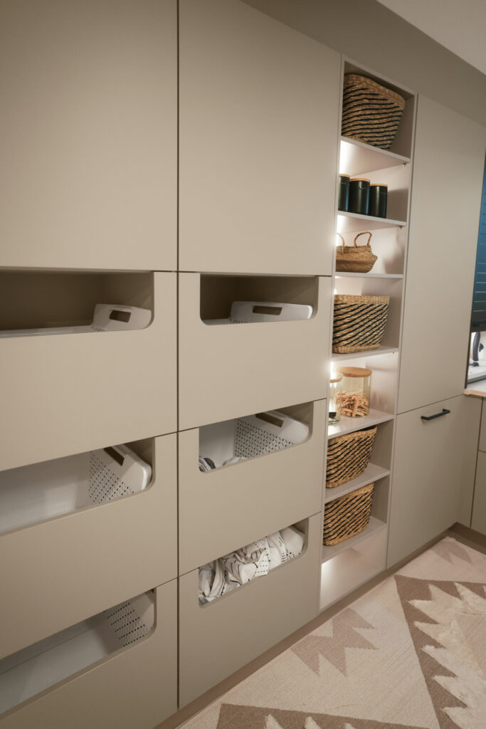 open shelves and drawers in Nolte utility room